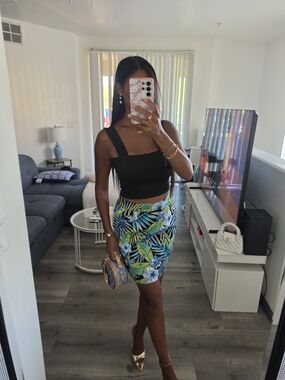 Tropical Leaf Bodycon Mini Skirt - Blue Green